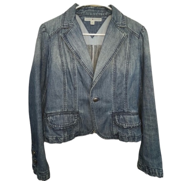 Tommy Hilfiger Vintage Denim Jacket Cropped Scalloped Puff Sleeve M - Picture 15 of 15